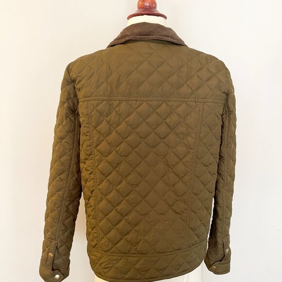 J Crew Dark Olive Green Quilted Barn Jacket with Brown Corduroy Collar Small - Picture 2 of 10